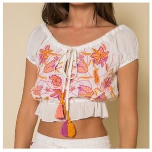 RAGA First Bloom Embroidered Crop Top Size Small White Gauzy Tassels Boho NWT